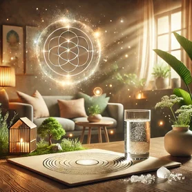 Ritual de Feng Shui com água salgada para purificação energética e prosperidade, com copo de vidro transparente contendo água e sal grosso, iluminado por luz dourada em ambiente harmonioso.
