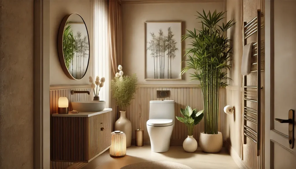 Feng Shui no banheiro: espaço equilibrado com luz natural, plantas e difusor aromático.