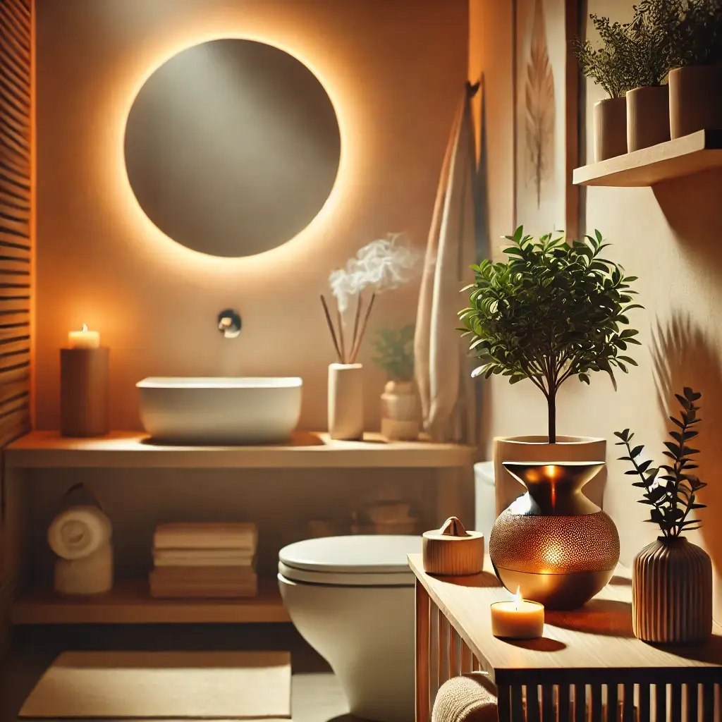 Banheiro decorado segundo o Feng Shui, com iluminação suave, plantas e elementos naturais para harmonia energética.