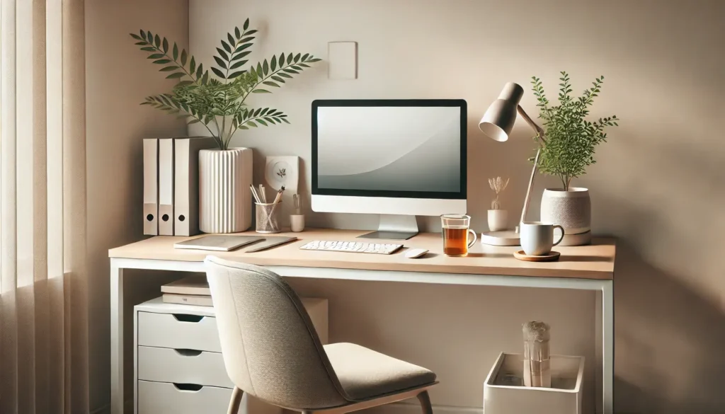 Feng Shui na mesa de trabalho: um espaço harmonizado com plantas e iluminação suave para produtividade.