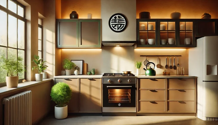 Fogão posicionado corretamente no Feng Shui na cozinha, garantindo estabilidade, prosperidade e equilíbrio energético com elementos naturais e organização adequada.