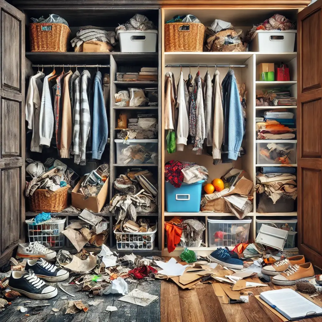 Guarda roupas desorganizado no Feng Shui, com itens acumulados e bloqueios energéticos impedindo a harmonia.
