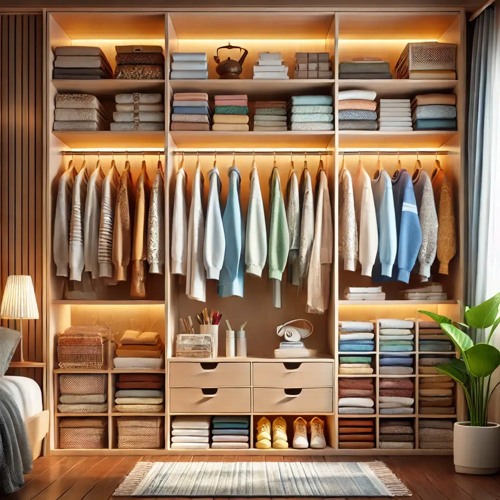 Guarda roupas organizado com Feng Shui, promovendo fluxo energético positivo e harmonia no ambiente.