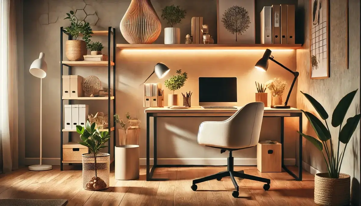 Espaço de trabalho harmonizado para equilibrar a energia dos eletrônicos, com elementos naturais e iluminação suave.