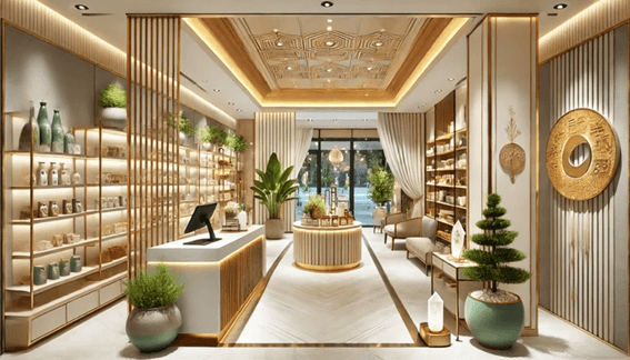 Loja moderna organizada segundo os princípios do Feng Shui para o comércio, com entrada bem iluminada, cores vibrantes e elementos estratégicos para atrair clientes e prosperidade.