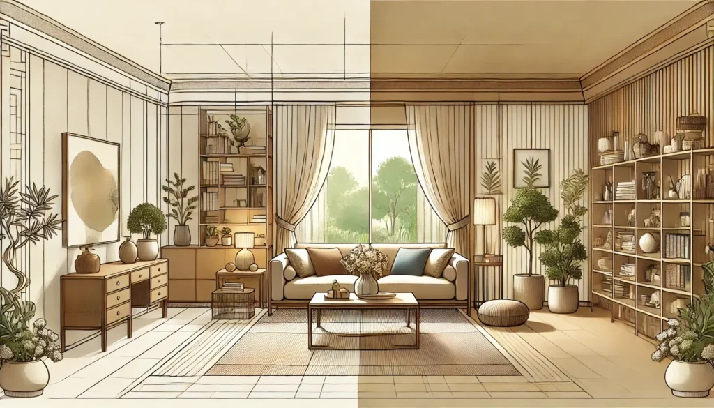 Sala de estar harmonizada com Feng Shui, com móveis bem posicionados e plantas para melhorar o fluxo de energia. Descubra o que é Feng Shui e como aplicar em casa para criar um ambiente equilibrado, aconchegante e cheio de boas energias.
