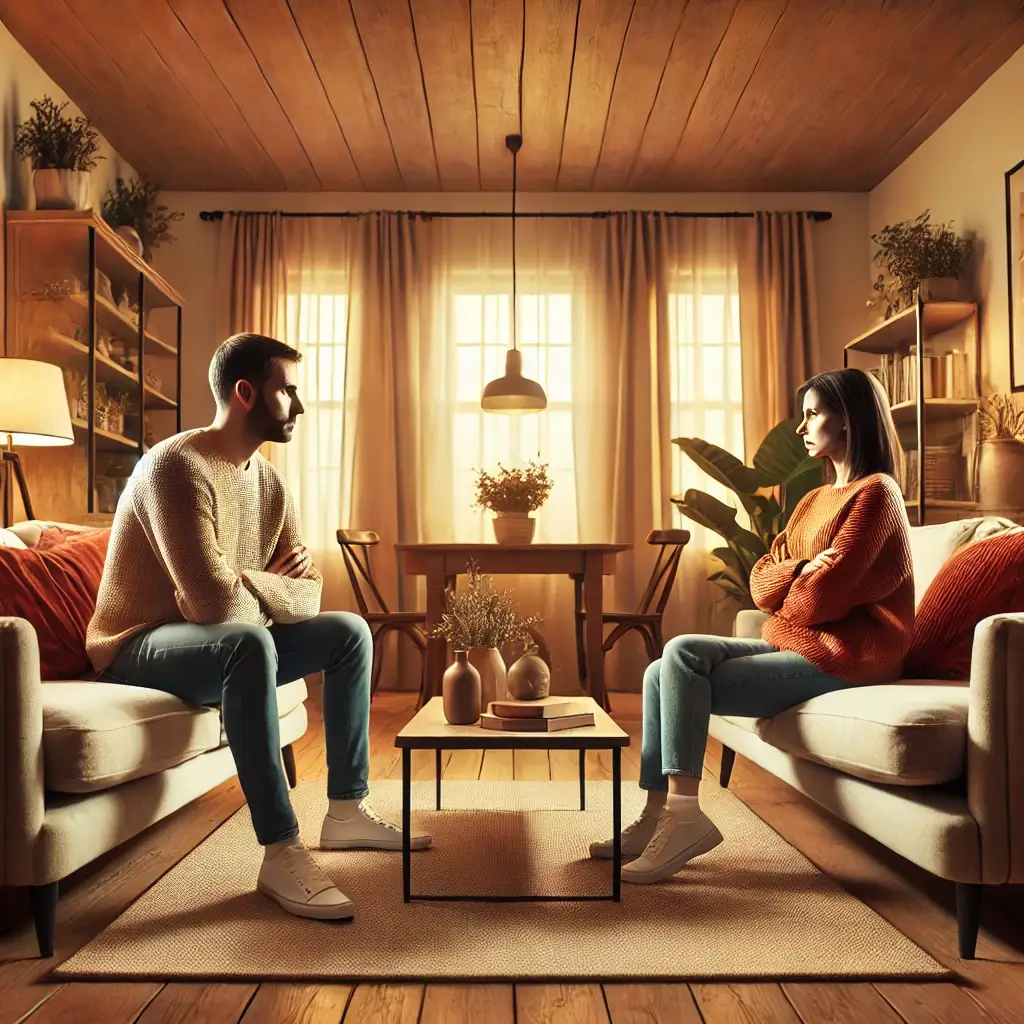 Ambiente acolhedor com um casal sentado em lados opostos do sofá, demonstrando tensão e distanciamento. A imagem representa como identificar e corrigir bloqueios energéticos na casa causados por emoções e conflitos dos moradores.
