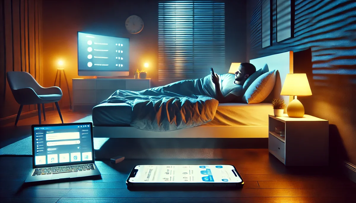 Quarto moderno à noite com iluminação suave, destacando a influência dos eletrônicos no sono e no bem-estar no Feng Shui.