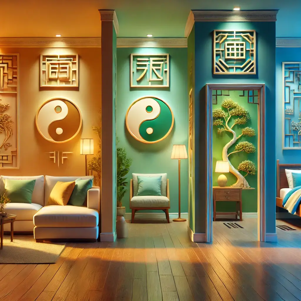 Interior de casa harmonizado com Feng Shui, destacando diferentes cômodos pintados com cores estratégicas para influenciar o fluxo energético. A imagem ilustra como identificar e corrigir bloqueios energéticos por meio da escolha correta das cores.