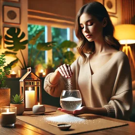 Mulher realizando o ritual de Feng Shui com água salgada para purificação energética em casa.