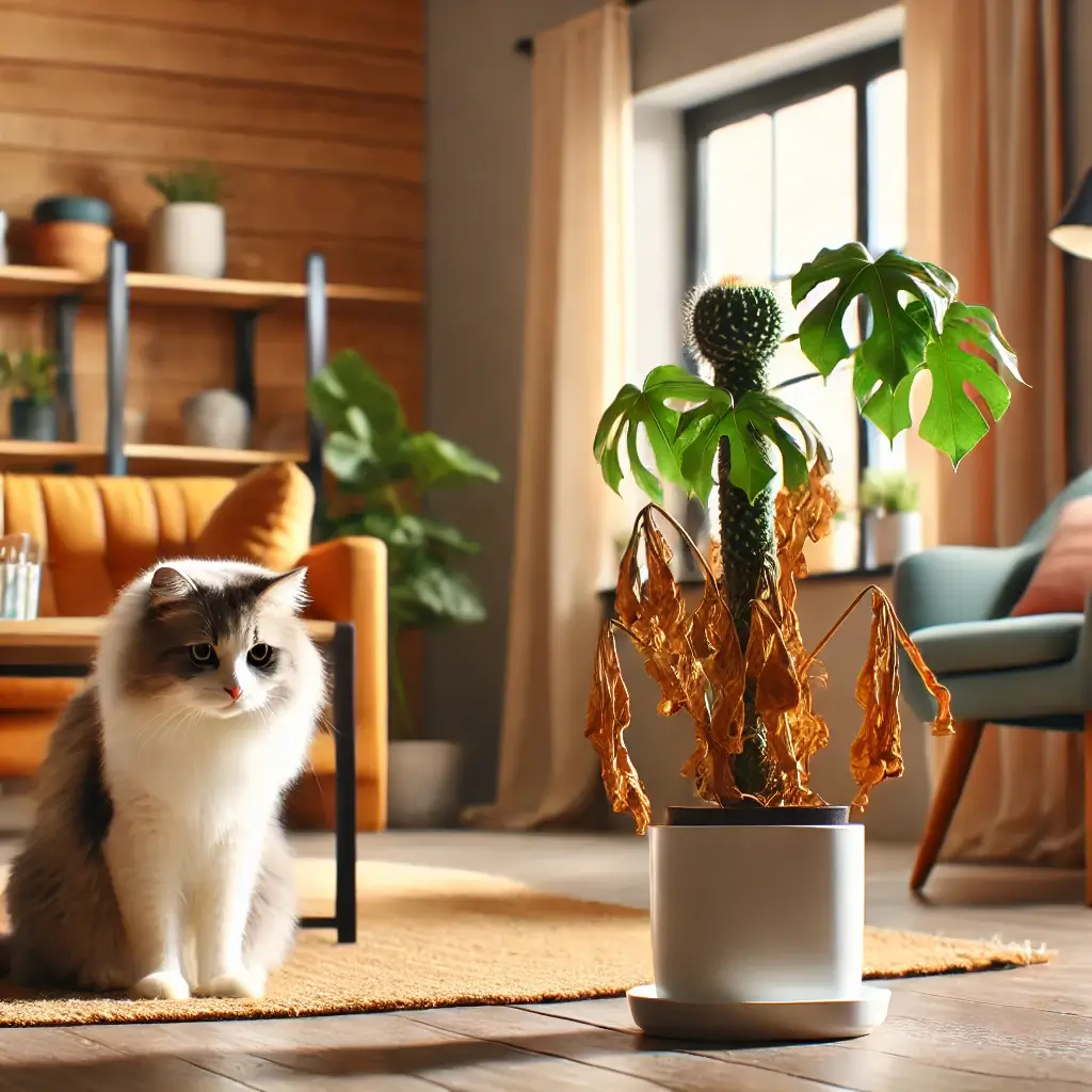Ambiente aconchegante com uma planta murcha e um gato observando a área com inquietação. A cena representa sinais de bloqueios energéticos no lar, destacando a importância de identificar e corrigir bloqueios para restaurar o equilíbrio e o bem-estar.