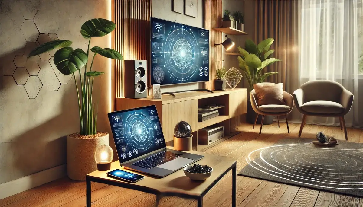 Ambiente moderno com diversos eletrônicos e medidas para equilibrar a energia dos eletrônicos e reduzir a poluição eletromagnética em casa.