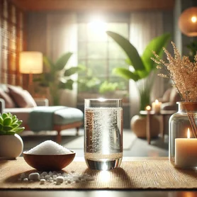 Ritual de Feng Shui com água salgada para purificação energética em um ambiente harmonioso.