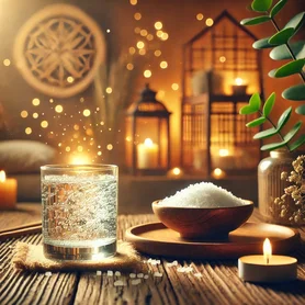 Ritual de Feng Shui com água salgada para purificação energética e prosperidade, com copo de vidro transparente contendo água e sal grosso, iluminado por luz dourada em ambiente harmonioso.