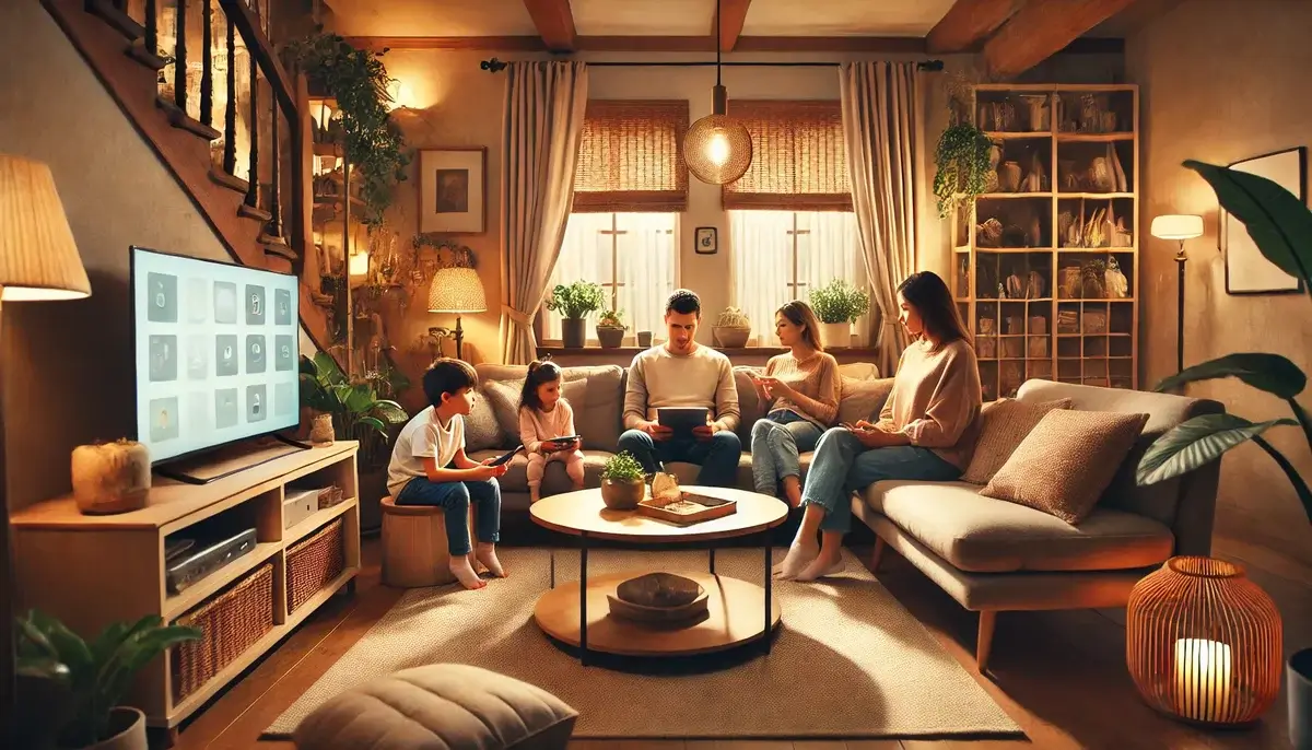 Família reunida em uma sala aconchegante, desfrutando de momentos de conexão sem eletrônicos, equilibrando a energia do ambiente segundo o Feng Shui.