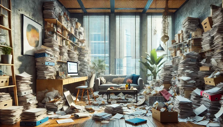 Um espaço de trabalho moderno e caótico com pilhas de papéis e desorganização, representando um dos Objetos Que Estão Sugando Sua Energia no Feng Shui.