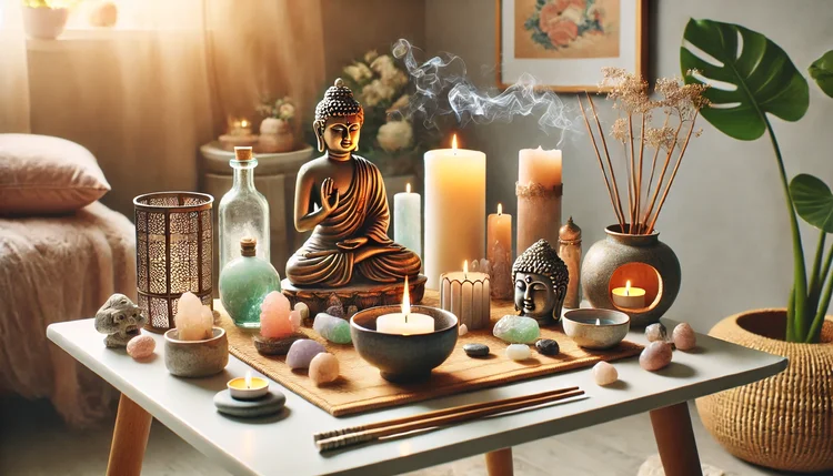 Altar harmonizado para um bom dia com Feng Shui, com velas, cristais e elementos simbólicos para atrair equilíbrio e boas energias logo cedo.
