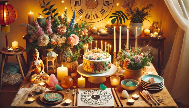 Celebração de aniversário no feng shui, vibrante e harmoniosa com influências do Feng Shui, incluindo velas, plantas e cristais para equilíbrio energético e prosperidade.
