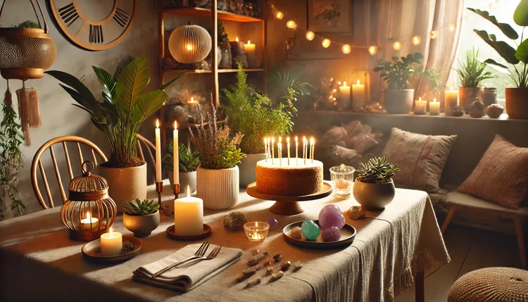 Celebração de aniversário descontraída e harmoniosa com elementos do Feng Shui no aniversário, incluindo velas, plantas e cristais para equilíbrio energético e prosperidade.