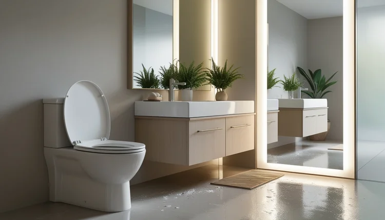 Banheiro equilibrado seguindo as dicas de Feng Shui para uma vida feliz, com tampa do vaso sanitário fechada e elementos harmonizadores para evitar a fuga de energia e prosperidade.