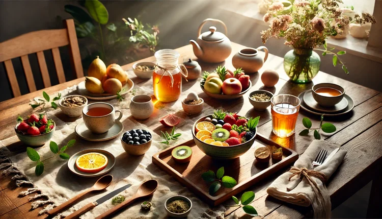 Café da manhã equilibrado para um bom dia com Feng Shui, com frutas frescas, chá de ervas e um ambiente iluminado pela luz natural para atrair boas energias.