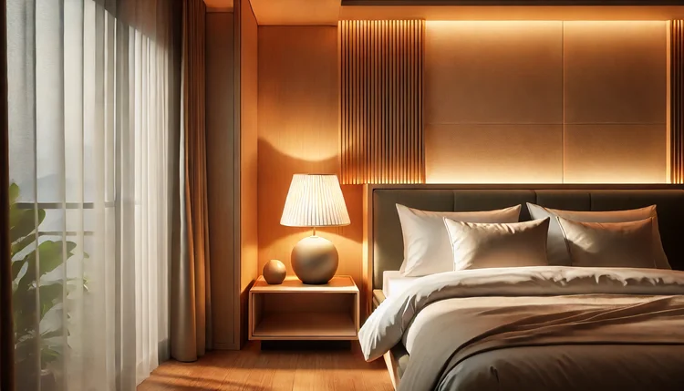 Canto sereno de um quarto com Ajuste de Feng Shui no Quarto, incluindo cama bem posicionada, criado-mudo de madeira e iluminação suave para equilíbrio energético.