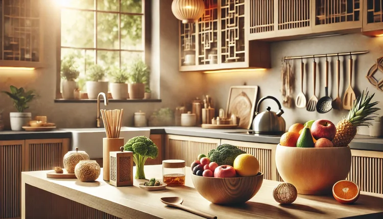 Cozinha harmonizada com Feng Shui simples para casa, destacando organização, iluminação acolhedora e elementos naturais para atrair prosperidade e boas energias.