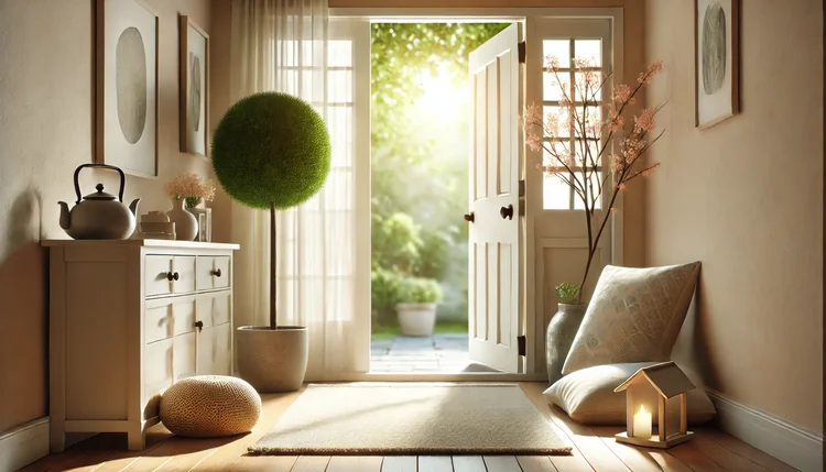 Entrada harmonizada com Feng Shui simples para casa, destacando um espaço livre de bagunça, iluminação natural e elementos naturais para atrair boas energias.