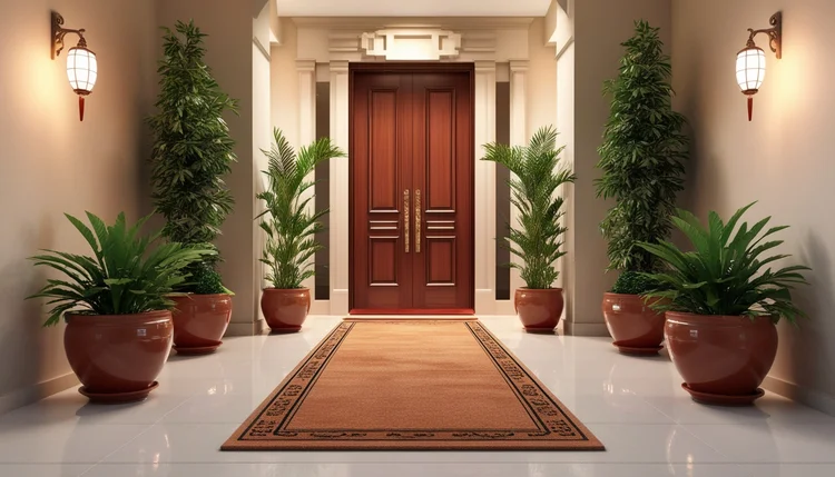Entrada harmonizada com dicas de Feng Shui para uma vida feliz, destacando um ambiente organizado, iluminado e convidativo para atrair boas energias e prosperidade.