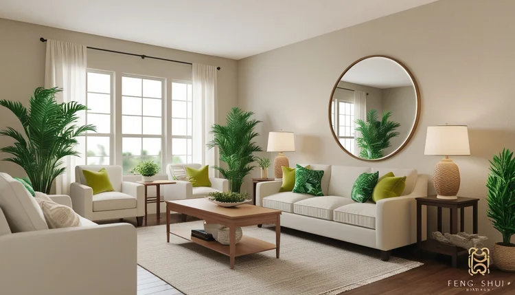 Espelho estrategicamente posicionado seguindo as dicas de Feng Shui para uma vida feliz, refletindo abundância e energia positiva para harmonizar o ambiente.
