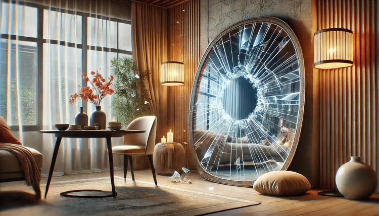 Um elegante ambiente moderno com um espelho quebrado refletindo energia distorcida, representando um dos Objetos Que Estão Sugando Sua Energia no Feng Shui.