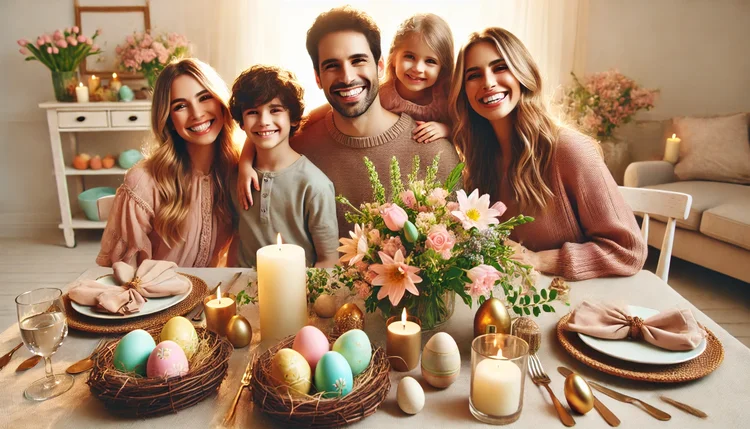 Família reunida em uma mesa decorada para a Páscoa 2025 com Feng Shui, com ovos coloridos, flores, velas e elementos dourados, criando um ambiente de amor, prosperidade e conexão.