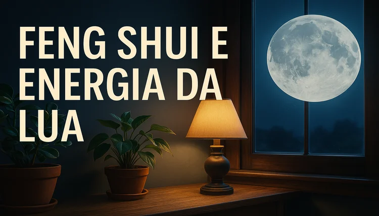 Imagem ilustrando o Feng Shui e energia da lua em um ambiente harmonizado com decoração suave e luz lunar.