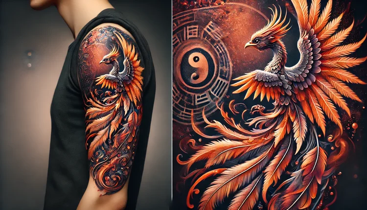 Tatuagem feminina de Fênix no braço, com penas detalhadas e tons vibrantes, simbolizando força, renovação e equilíbrio energético no Feng Shui.