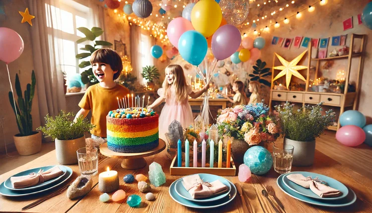 Feng Shui no aniversário infantil, incluindo bolo colorido, balões festivos e decoração harmoniosa para atrair alegria e boas energias.