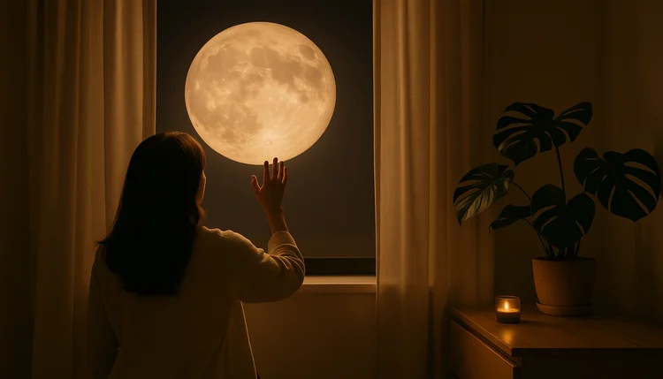 Mulher em harmonia com a lua cheia aplicando Feng Shui e energia da lua para ativar a prosperidade.