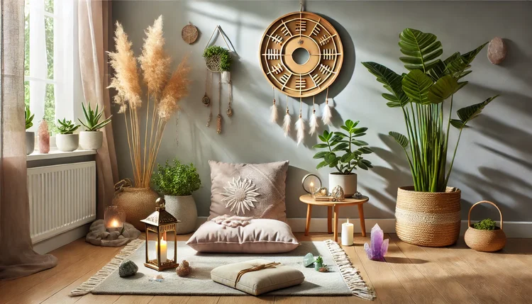 Espaço de meditação harmonizado para um bom dia com Feng Shui, com iluminação suave, plantas e cristais para atrair equilíbrio e boas energias logo cedo.