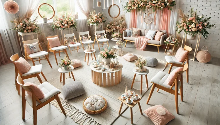 Organização harmoniosa da decoração chá revelação, com disposição equilibrada dos móveis e assentos para criar um ambiente acolhedor e cheio de boas energias.