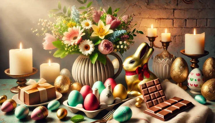 Cena decorativa da Páscoa 2025 com ovos coloridos, coelho de chocolate e elementos simbólicos para renovação e prosperidade, criando um ambiente festivo e acolhedor.