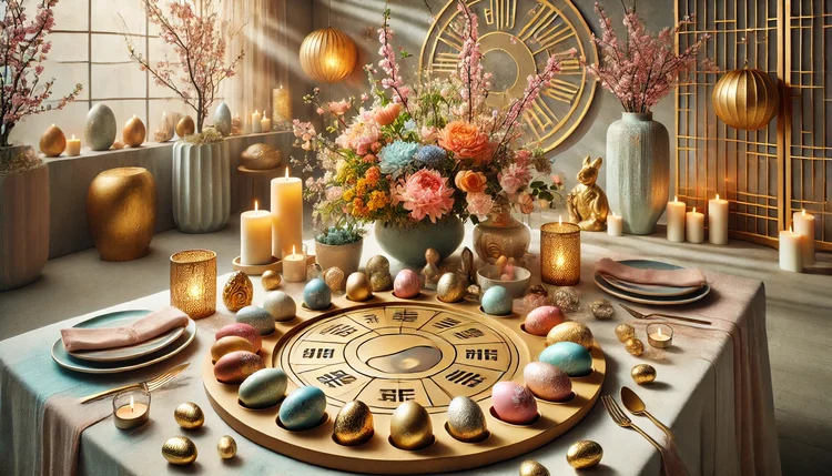 Mesa decorada para a Páscoa 2025 com Feng Shui, apresentando ovos coloridos, elementos dourados, flores vibrantes e iluminação harmoniosa para atrair boas energias e prosperidade.