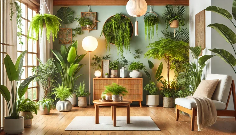 Ambiente harmonizado com plantas seguindo as dicas de Feng Shui para uma vida feliz, promovendo equilíbrio, energia positiva e bem-estar.