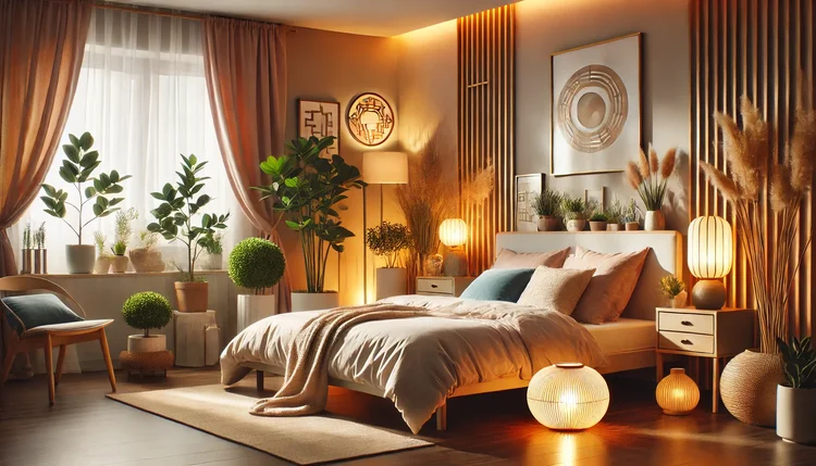 Quarto harmonizado com Feng Shui simples para casa, com iluminação suave, plantas e disposição equilibrada dos móveis para promover bem-estar e relaxamento.