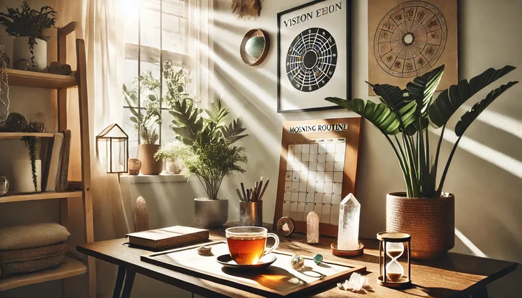 Espaço harmonizado para um bom dia com Feng Shui, com uma mesa organizada, chá, cristais e uma visão inspiradora para atrair boas energias logo cedo.