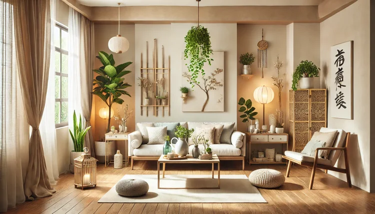 Quarto harmonizado com Feng Shui simples para casa, com iluminação suave, plantas e disposição equilibrada dos móveis para promover bem-estar e relaxamento.