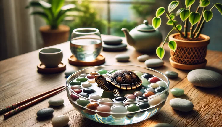Tartaruga no Feng Shui dentro de uma tigela de vidro com água e pedras coloridas, representando o fluxo de riqueza e estabilidade financeira.