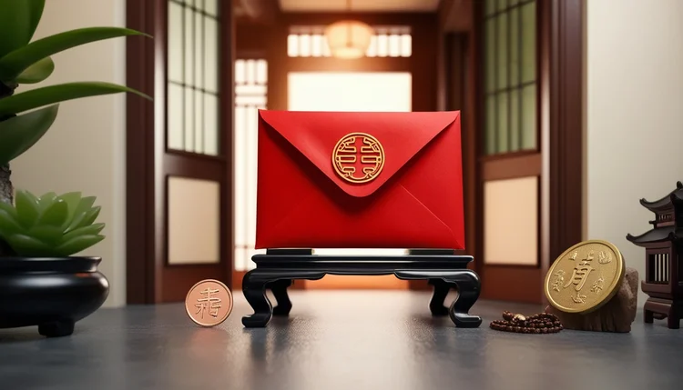 Técnica do envelope vermelho representada com detalhes chineses tradicionais, usada no Feng Shui para atrair sorte e riqueza.