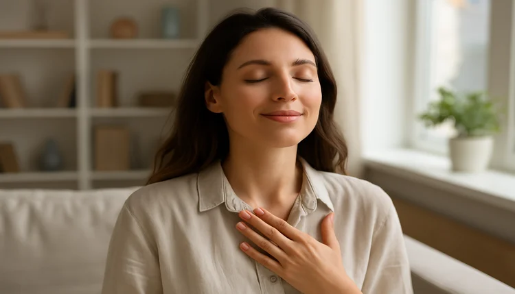 Mulher conectando-se com a energia do universo em paz e silêncio, simbolizando a preparação vibracional para atrair uma pessoa específica com a Lei da Atração.