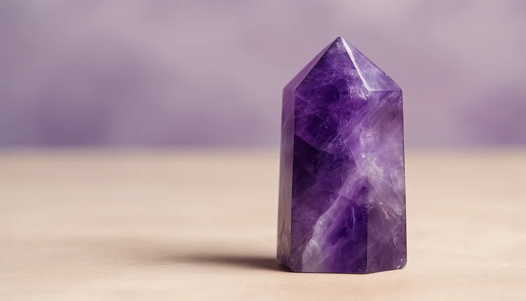 Cristal de ametista polido com fundo lilás, representando como ativar o canto da saúde usando cristais pelo Feng Shui.