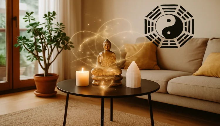 Como ativar portais energéticos dentro de casa com altar iluminado, símbolo de bagua e energia espiritual elevada no ambiente.