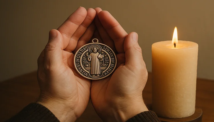 Mãos em oração segurando medalha de são bento proteção espiritual com vela acesa ao lado.